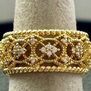 Filigree Band Ring With Intricate Design and Diamond Accents 7 NEW